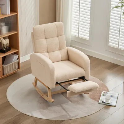 Zdjęcie produktu dla Fotel bujany Sweiko teddy velvet, beżowy fotel, rama z litego drewna, metalowe nóżki z ukrytymi podporami na nogi, wysoka piankowa wyściółka, do salonu, sypialni, pokoju dziecięcego