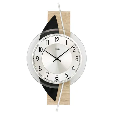 Image de AMS 9551 Horloge murale à quartz analogique moderne bois optique Sonoma avec ardoise et verre