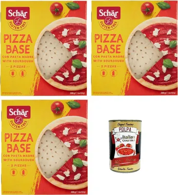 Produktbild von Schär Glutenfreie Pizza-Böden mit Sauerteig 3 x 300 g (6 Pizzaböden) – laktosefrei, weizenfrei, knuspriger Pizzateig fertig gebacken + Italian Gourmet polpa