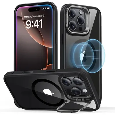 Image de Coque de protection pour iPhone 16 Pro, compatible MagSafe et avec support intégré, couleur noire transparente