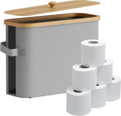 Image de Relaxdays - Rangement pour papier toilette, 12 rouleaux, H x l x P : 33 x 45 x 16 cm, tissu, bambou, panier à papier toilette, réserve, gris