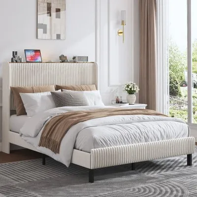 Obrázek produktu pro Čalouněná postel AIORBER 180x200 cm s manšestrovou látkou, úložný prostor, kovový rám, USB a LED, tichá a stabilní, moderní postel s plošinou, béžová krémová