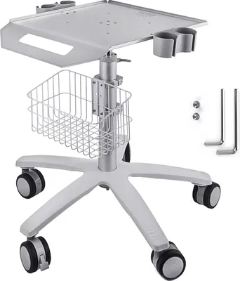 A medical cart with a tray, basket, and wheels, shown against a white background.
