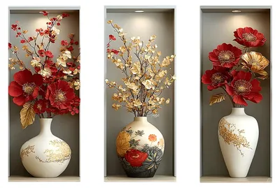 Produktbild von 3 Bögen 3D-Blumenvasen-Wandaufkleber, künstliche Blumen-Wandtattoos zum Abziehen und Aufkleben, Wandbild für Wohnzimmer, Schlafzimmer, Büro, Heimdekoration A