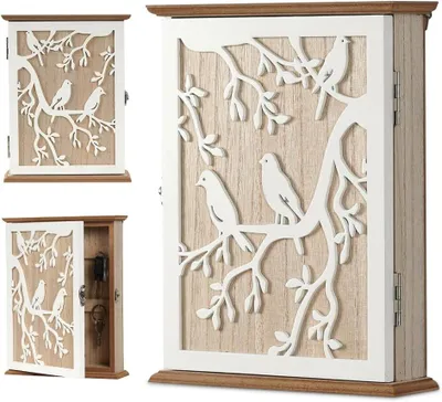Obrázek produktu pro Dřevěná skříňka na klíče, 20 x 6 x 26,5 cm, motiv klíčů, dekorativní nástěnná skříňka na klíče se 6 háčky, nástěnný organizér do předsíně, chodby, kanceláře – etnický styl