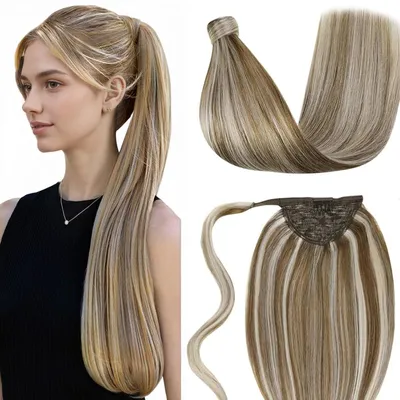 Obrázek produktu pro Prodlužování vlasů, cop, přírodní vlasy, barva světle hnědá s platinově blondi melíry, délka 45 cm, hmotnost 80 g