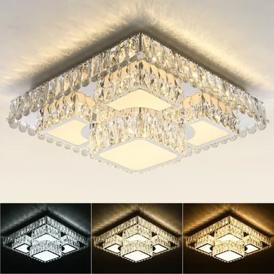 Produktbild von LED Deckenleuchte 60W LED Deckenleuchte Kristall K9 Edelstahl mit Fernbedienung dimmba, Lichtfarbe und Helligkeit mit Fernbedienung, 50x50x20cm