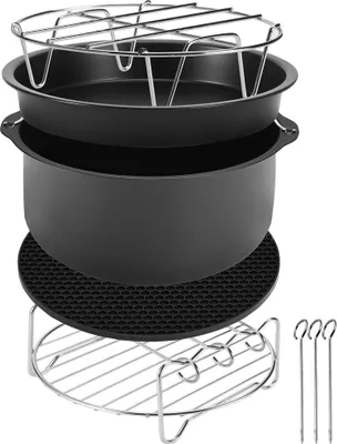 Produktbild von MONZANA® Heißluftfritteuse Zubehör 8tlg. Fritteuse Set inkl. Brotbackkorb 3,6L Pizzapfanne Silikonpfanne Grillrost Spieße