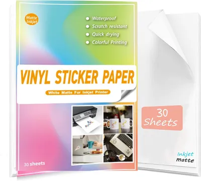 Imagen del producto de Papel adhesivo A4, vinilo mate, 30 hojas, resistente al agua, para impresoras de inyección de tinta