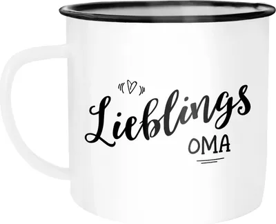 Produktbild von Emaille Tasse Becher Lieblingsoma Geschenk Familie Oma Großmutter Großeltern Kaffeetasse Moonworks® weiß-schwarz unisize