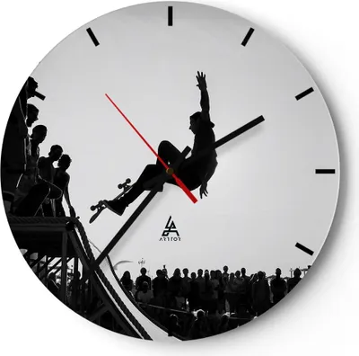 Produktbild von Wanduhr - Rund - Glasuhr - Sport Skateboard - 30x30cm - Schleichendes Uhrwerk - Lautlos - zum Aufhängen bereit - Dekoration Modern - Wanddekoration aus Glas - C3AR30x30-3655
