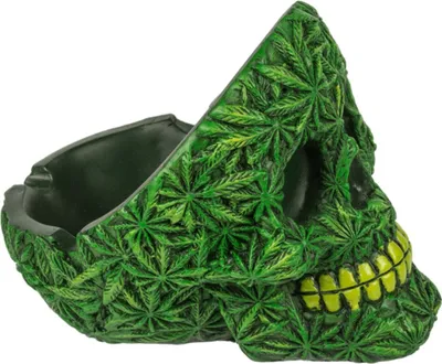 Produktbild von Totenschädel mit Cannabis Motiv ca. 11cm Totenkopf Ascher Marihuana