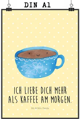 Produktbild von Mr. & Mrs. Panda Bild Kaffee Tasse DIN A1 - Gelb Pastell - Geschenk, Wanddekoration, Kunstdruck, Plakat, Lustige Sprüche, Genuss, drucke, Liebe, wanddeko, Geschmack