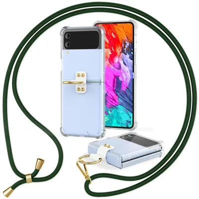 Immagine prodotto di Custodia con laccetto da collo per Samsung Galaxy Z Flip4 Custodia protettiva trasparente con anello per laccetto Verde scuro