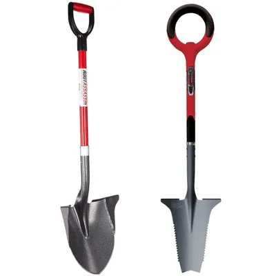 Produktbild von Root Slayer Set Wurzelspaten + Gartenschaufel mit Stiel, ergonomisch & robust, Spaten & Schaufel mit Schneidspitze & Wurzelsäge, rot