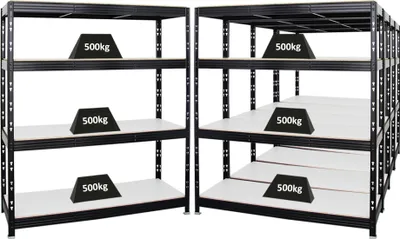 Produktbild von Mega Deal | 5x Profi Schwerlastregal Rhino | HxBxT 180x160x60cm | 4 Melamin-Ebenen 16mm | Fachlast 500kg | Schwarz