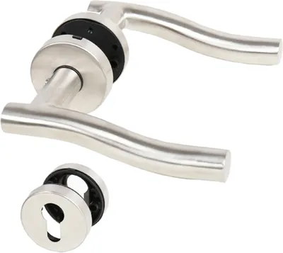 A set of stainless steel door handles and a keyhole escutcheon on a white background.