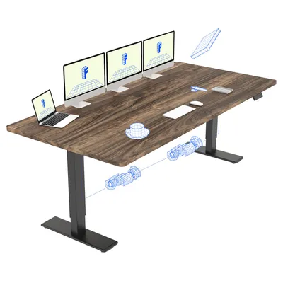A wooden standing desk with multiple monitors, a laptop, and a coffee cup.
