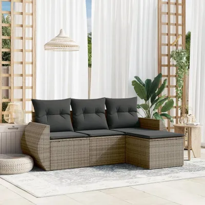 Produktbild von Design 4-tlg. Garten-Sofagarnitur mit Kissen Grau Poly Rattan, Gartenmöbel-Sets 2024 Neu