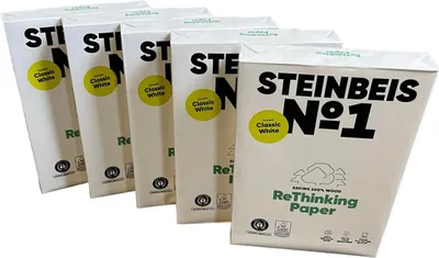 Obrázok produktu pre Steinbeis No. 1 Printer Paper- DIN A4 Recyklovaný papier 80 g/m², biely a bez chlóru, 2500 (5 x 500) listov vysoko kvalitný kopírovací papier ISO 70 / CIE 55