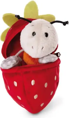 A plush toy ladybug peeking out of a strawberry-shaped pouch.