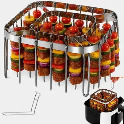 Produktbild von Faltbarer Heißluftfritteuse, Spießhalterung, Gestell, Grillrost, Zubehör-Set aus Edelstahl mit 28 Spießen und Halterung