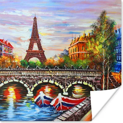 Produktbild von MuchoWow® Poster Gemälde - Öl - Eiffelturm - Paris - Wasser 75x75 cm - Wand Dekoration
