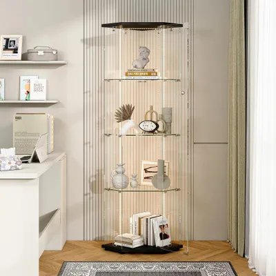 Zdjęcie produktu dla Narożna gablota szklana – gablota stojąca – oświetlenie taśmowe LED – nowoczesny design – rama z tworzywa sztucznego – do ekspozycji przedmiotów kolekcjonerskich – biała