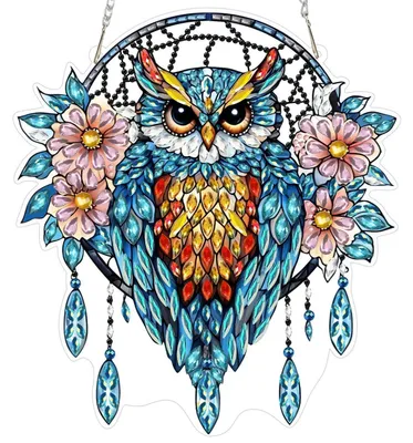 Image de Kit de pendentifs "Diamond Painting" 5D, décorations "Dreamcatcher", hibou, attrape-soleil, décorations pour fenêtres, créations DIY, décorations lumineuses, modèle GSL058