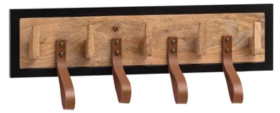 Wandgarderobe Mango Massivholz Leder mit schwarzem Metallrahmen, vier Lederhaken und Holzpflöcken in Gesamtansicht.