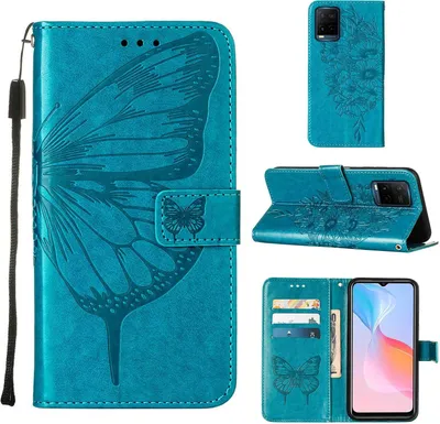 Produktbild von VIVO Y21 2021 Hülle, Schmetterling Prägung Flip Leder Kartenfächer Schutzhülle Ledertasche mit Ständer für VIVO Y21 2021 / Y33S Y21S Blau
