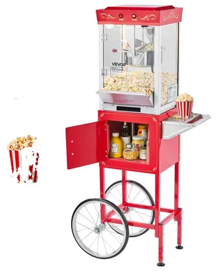 Zdjęcie produktu dla Maszyna do popcornu VEVOR Maszyna do popcornu z czajnikiem i wózkiem, komercyjna maszyna do popcornu o mocy 800 W, 48 kubków na wsad, z 2 przyciskami, szklana ściana, drzwi PC, 1 porcjoner, 3 łyżki, czerwona