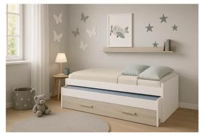 Produktbild von Kinderbett Sunnyvale, Bettgestell für Schlafzimmer, Einzelbett mit ausziehbarem Bett, Schublade und Regal, 199 x 96 x 65 cm, Weiß