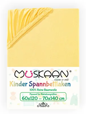 Produktbild von Müskaan Jersey Kinder Spannbettlaken 60x120 - 70x140 cm gelb bis 12cm Matratzenhöhe Gummizug Bettlaken 100% Baumwolle