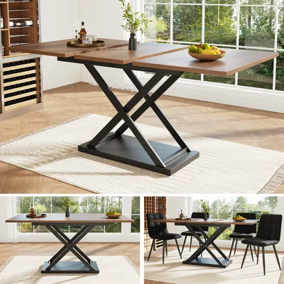 Produktbild von MODFU Ausziehbarer Esstisch Teleskoptisch (120-160×80cm), Küchentisch mit Metallbeinen, Tisch für Esszimmer Wohnzimmer,Walnussfarbener Desktop und schwarze gekreuzte Eisenbeine