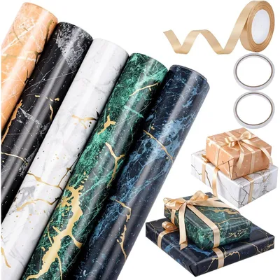 Immagine prodotto di Set di carta da regalo con motivi marmorizzati, composto da 5 rotoli di 43 cm x 3 m, con nastro a fiocco dorato multicolore