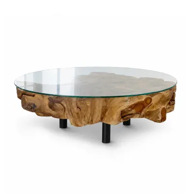 Produktbild von MÖBEL BRESSMER NAGA Couchtisch Teakholz rund Ø100 cm mit Glasplatte – Handgefertigter Wurzelholztisch, 45 cm hoch, Unikat
