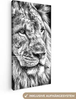 Zdjęcie produktu dla MuchoWow® - Obraz na płótnie - Portret - Lew - Czarno-biały, fototapeta, dekoracja ścienna, obrazy do salonu, 40x80cm