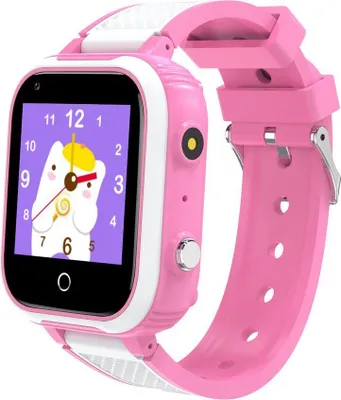 A pink and white smartwatch for children is shown against a white background.