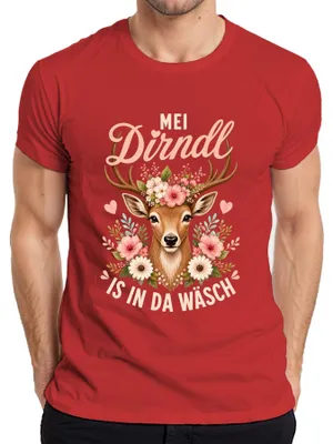 Produktbild von Mei Dirndl is in da Wäsch Reh Kitz Blumen Tracht Lederhose Alpen Herren T-Shirt, Rot, L