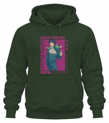 Obrázok produktu pre Mikina s kapucňou s potlačou Megumi Fushiguro z anime Jujutsu Kaisen, motív Shikigami, farba: tmavozelená, veľkosť: 3XL