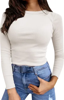 Produktbild von ASKSA Damen Gerippt Langarmshirt Slim Fit Langarm Oberteile Basic T-Shirt Top Pullover, Weiss, XXL