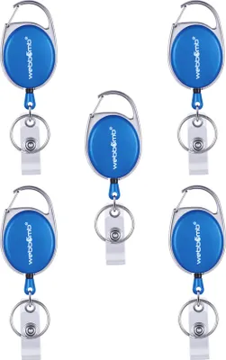 Produktbild von WEBBOMB 5x Ausweis Halter Royalblau mit JOJO Gürtel Clip & Schlüsselring 5 Stück Set Kartenhalter Ausweisjojo für Betriebsausweis ID Badge Holder SkipassHalter Rollerclip