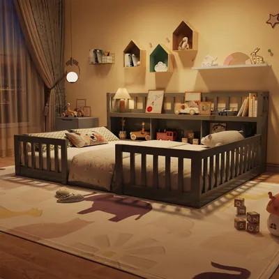 Immagine prodotto di Letto per bambini ProximaX, 140x200 cm, grigio, in legno massello, con sponde di sicurezza, libreria e spazio contenitivo