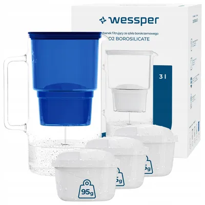 Produktbild von Wessper D2 BOROSILICATE Wasserfilterkanne 3 L Blau – Glasfilterkanne mit 4 AquaMax Filter, BPA-frei