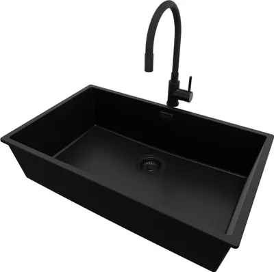 Produktbild von PRIMAGRAN Granitspüle Alles Schwarz 76x47cm, Spülbecken 1 Becken + Küchenarmatur 40x38cm + Ablauf-Set, Küchenspüle ab 80er Unterschrank - London Slim