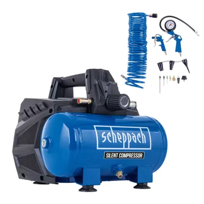 Produktbild von Scheppach Kompressor Silent HC06Si - 10 Bar | 6L Kessel | 230 L/min | ölfrei & leise | 1100W Flüsterkompressor | mit 10m Schlauch + 13-tlg Zubehörset