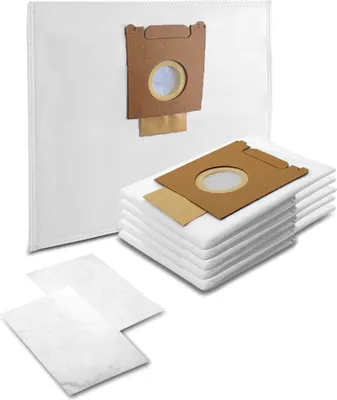 A collection of white vacuum cleaner bags with brown cardboard attachments, presented on a white background.