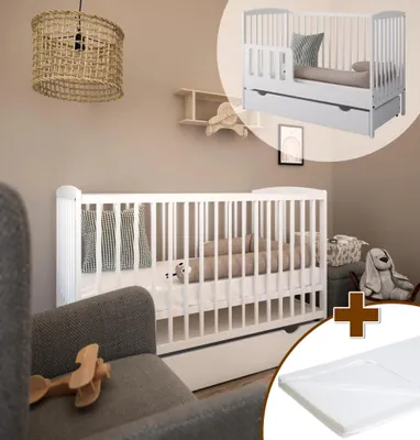 Produktbild von ZEE Babybett 2in1 120x60 cm Weiß Mit Schublade & Matratze Umbaubar Zum Kinderbett 3 Fach Höhenverstellbar Kiefernholz