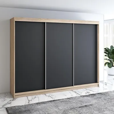 A modern sliding door wardrobe with a wood-effect frame and three dark gray doors, set against a light gray wall and marble-effect floor.